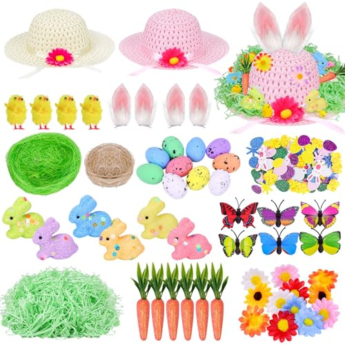 Hysagtek Easter Bonnet Kit, Easter Bonnet Decorations Includes 2 Straw Hats, Bunny Ears, Foam Bunnies, Chicks, Eggs, Butterflies, Flowers, Carrots, Grass and Confetti, Spring Craft Set(Beige+Pink)