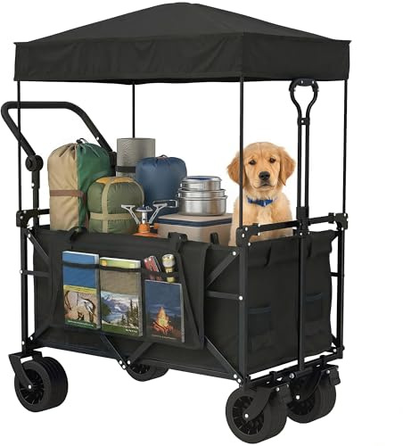 Outsunny Carro Playa con Ruedas Grandes con Freno, Techo Extraíble, Carro Plegable para Jardín con Barra Ajustable, Portavasos y Bolsillos, Carga 100 kg, para Todo Terreno, Campaña, Compras, Negro