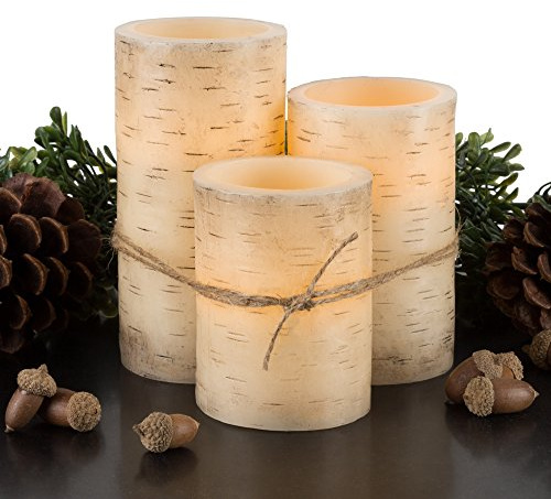 Flameless Candles - 3-Pack Faux Birch Bark Battery Operated LED Candles with Remote and Flickering Light for Home Décor by Lavish Home