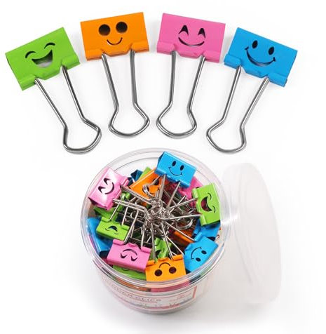 Coideal Foldback Klammern Smiley Bunte, 48 Stück Metallklammern Bunt Dokumentenklammer Lächeln Vielzweckklammern Groß für Büro Dokument (25 mm)