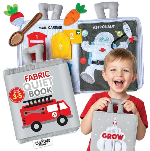 Curious Columbus Quiet Book Fabric Busy Book - Airplane Travel Toys for Kids - Montessori Toy Preschool Activity Books - Fun and Educational Fabric Book