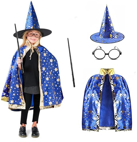 Costumes d'halloween Sorcière Cape avec Chapeau Assistant Cape et Chapeau Costume pour Enfant Garçons Filles (Bleu)