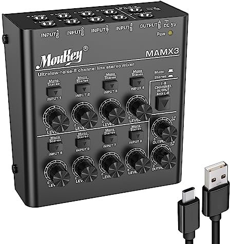Moukey Mezclador deLínea 8 Canales/Mesa Mezcla Ultra Bajo Ruido/Mini Mezclador deAudio DC 5V 4-Stereo para Pequeños Clubes o Bares