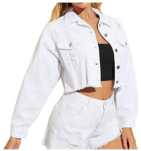 LifeShe Damen Jeansjacke mit ausgefranstem Saum - Weiß - X-Small