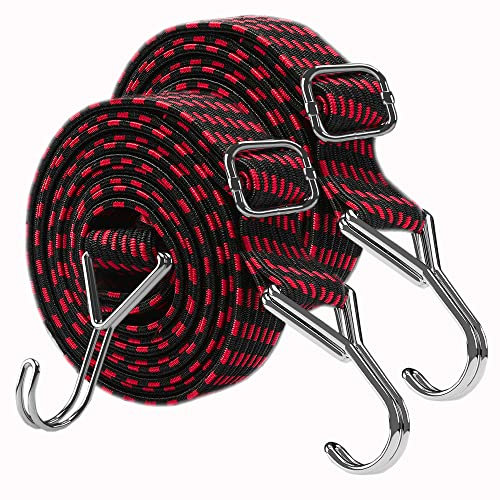 Bungee Cords With Hooks Adjustable - Elastic Heavy Duty Straps Rope 2 Pack 2m Flat Bungee Straps for Bike Luggage Rack Tarp Camping Tent Car Roof Rack Fixings