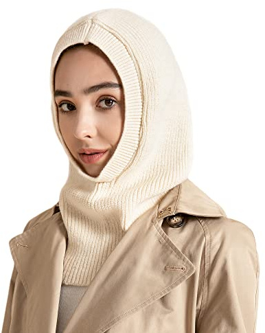 ZLYC Damen Winter Sturmhauben Stricken Winddicht Beanie Mütze Kapuzenschal(Solides Weiss)