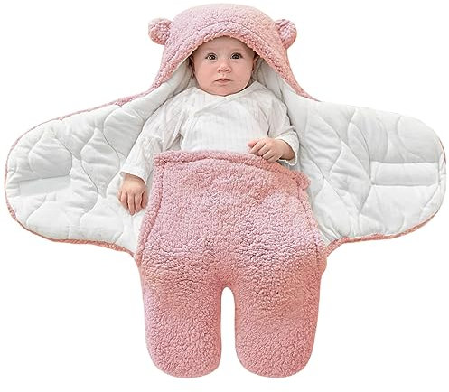 FUNUPUP Baby Pucksack Winter Neugeborene Einschlagdecke Baby Schlafsack Wintersack Weich Warm Wickeldecke für Säugling Baby (Rosa, 0-3 Monate)