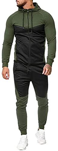 Oanviso Tuta da Uomo Sportive Felpa con Cappuccio e Pantalone Due Pezzi Tuta Zip Intera Felpa Pantaloni Sport con Tasche Disegno di Patchwork in Colore Solido per Jogging Fitness A Verde M