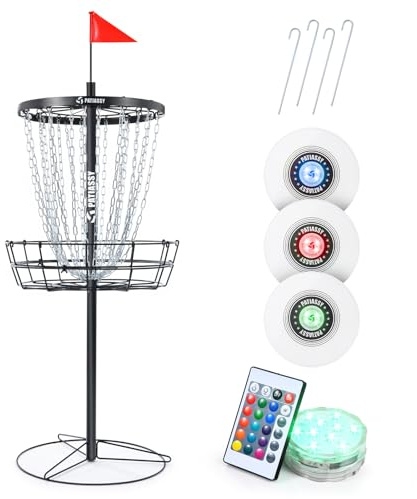 Patiassy Portable Disc Golf Basket, 24/12 Detachable Chains Disk Golf Target with Sound Reducer for Quiet Practice, Night Practice Set with Remote LED Light, 3 Light Up Discs & 4 Ground Stakes