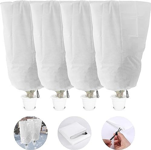 GIONAR 4 Pack Hivernage Plante,Housse Hivernage Plante,Voile Hivernage Plante Exterieur Housse de Protection pour Plantes avec Cordon,Réutilisable Résistant 120 x 80cm