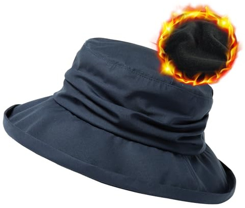 TOP-EX - Sombreros impermeables de invierno para mujer, cálidos sombreros de pescador con forro polar, sombreros de lluvia de ala ancha con correa para la barbilla, plegable, resistente al viento,