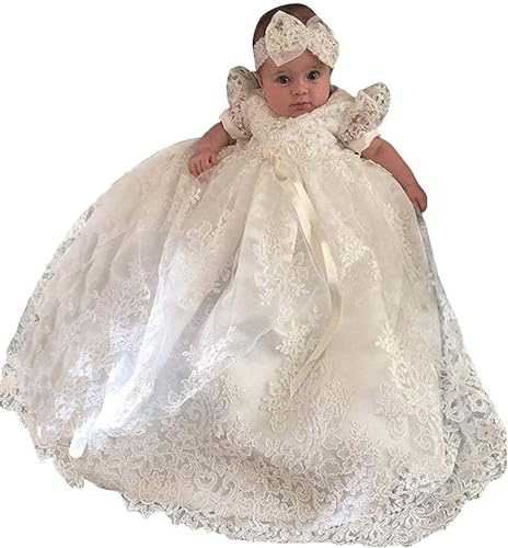 Pretty headband lace long Christening Baptism Dress for baby girl 3Mos