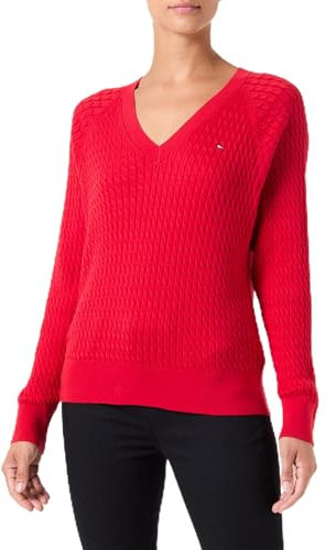 Tommy Hilfiger Jersey Mujer Cable Sweater con Cuello de Pico, Rojo (Primary Red), L