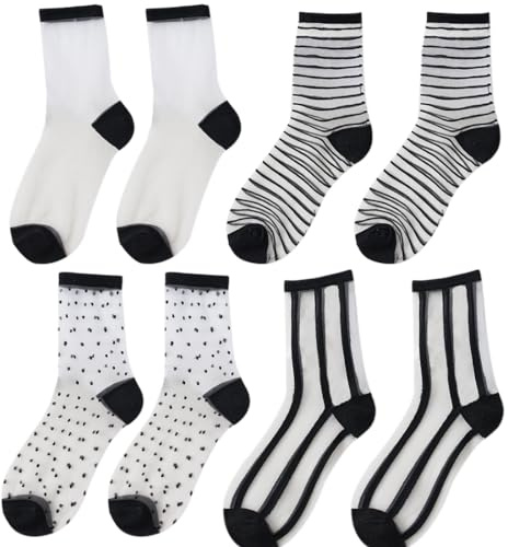 NTRUXZP Calzini Donna, 4 Paia Estivi Corti Trasparenti Scozzesi a Pois a Righe, Calze Velate Nere alla Caviglia, Moda Sottile