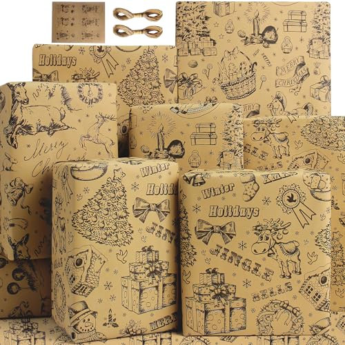 Weihnachts Geschenkpapier Weihnachten Set Braun Schwarz Nostalgie Weihnachtsgeschenkpapier Weihnachtspapier Bögen Kraftpapier Geschenkpapier Xmas Frauen Männer Jungen Mädchen Packpapier Weihnachten