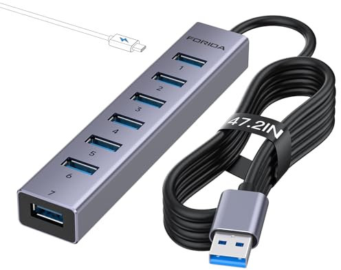 FORIDA USB 3.0 Hub,8 ports USB Hub To 7 USB A Extender 5Gbps Ports & Type-C 15W Powered Interface, 120cm Long Cable Mulitiple USB Splitter Adapter For Laptops, Desktop, Flash Drive, U Disk, ect
