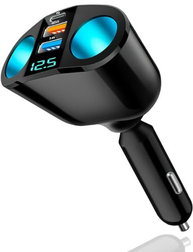 120W USB C Car Charger - 12V/24V Cigarette Lighter Splitter QC3.0 & PD with LED Voltmeter for Smart Phones, GPS, Dash Cam & More