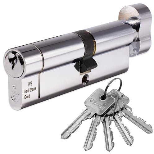 Euro Cylinder Door Lock Thumb Turn Chrome - BSI TS007 Sold Secure Gold Anti-Snap - Includes 5 Keys 50T/50
