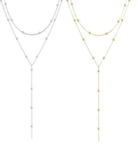 JAWUZ 2 Stück Lange Y-Kette Damen-Mehrreihige Halskette Edelstahl in GoldSilber,Schmuck für Frauen,Elegante Lange Kette für Damen,Ketten Set,Einfacher Silberchmuck Goldschmuck
