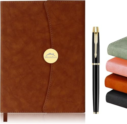 WEEKSUN Carnet de Notes A5, Carnet de Voyage Rétro Magnétique à Boucle Ronde Avec Stylo, Carnet Classique en Papier Ligné 100 Gsm, Adapté Aux étudiants, Enseignants, Employés de Bureau (Marron)