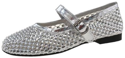 Mesh Mary Jane Flats for Women Rhinestone Jelly Mesh Ballet Flats Breathable Hollow Sandals Slip on House Slippers Dressy Ballerina Shoes Low Top Buckled Straps Lightweight Summer Slides Business Trip (Silver,4)
