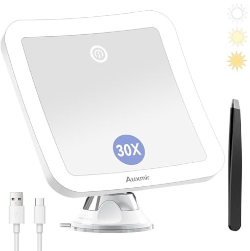 Auxmir Magnifying Mirror with Light, 30X Magnifying Lighted Makeup Mirror with Powerful Suction Cup and Tweezers, 360° Rotating 2000 mAh Rechargeable 3 Light Colors for Shaving, Bathroom, Travel