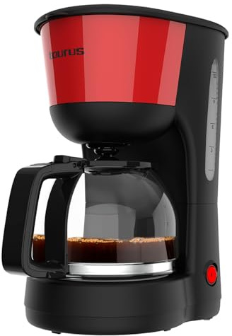 Taurus – Macchina da caffè Verona Vintage Rosso | 12 tazze | 1000W | Caraffa graduata in vetro | Serbatoio dell’acqua visibile | Filtro riutilizzabile | Spegnimento automatico | Piastra riscaldante