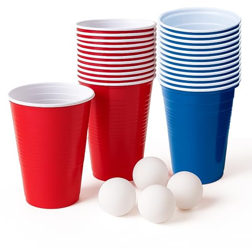 ZOPPER Party Cup 450ml,10Red -10Blue Plastic Cups with 4 Ping Pong Balls, 24pcs Party Game Pong Set for Students Party Cups for Birthday,Party,Picnics, Weddings, Christmas, Anniversary, Summer Fun