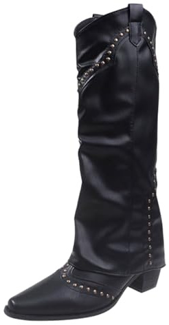Generisch Bottes western en cuir pour femme - Talon rétro - Bottes mi-hautes - Bottes de cowboy occidentales vintage - Bottes d'équitation médiévales, Noir , 40 EU