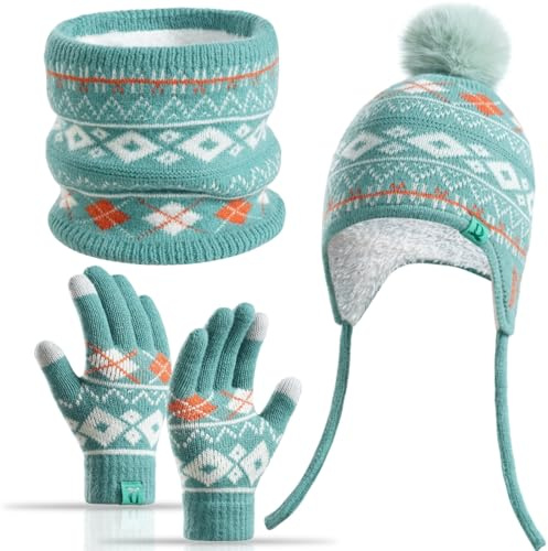 Yaopelky Conjunto de 3 Piezas de Invierno para Niños Gorro con Forro Polar Braga de Cuello Guantes para 3-8 Años con Pompón Cálido Fair-Isle Pantalla Táctil Nieve Escuela Uso Exterior, verde, One Size