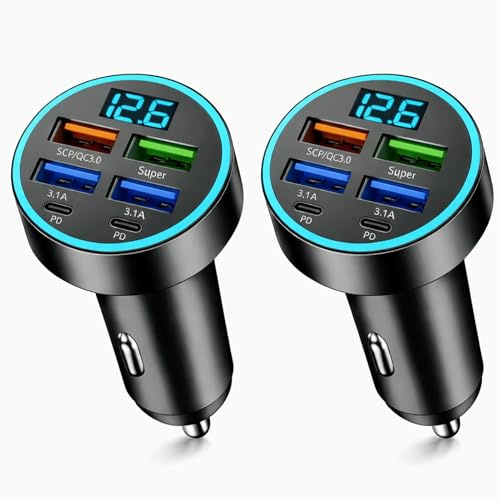 2PCS Allume Cigare USB Chargeur Voiture 66W à 6 Ports, Prise Allume Cigare USB C et USB A avec Écran LED, Cigare Rapide pour Smartphones Tablettes GPS, Chargeur Voiture