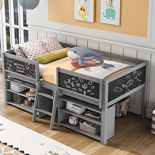 Low Loft Bed Twin Size with Movable Storage Shelves & Chalkboard & Under-Bed Play Area for Kids,Wooden Twin Loft Bed Frame with Safety Guardrails & Ladder for Boys Girls,No Box Spring Needed,Gray
