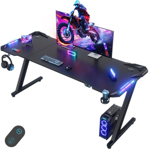 Devoko 160 x 60cm Scrivania Gaming LED, Tavolo Gaming Ergonomica, Scrivania per Computer con Porta Bicchiere e Ganci per Cuffie, Postazione con Piano del Tavolo in Fibra di Carbonio, Nero