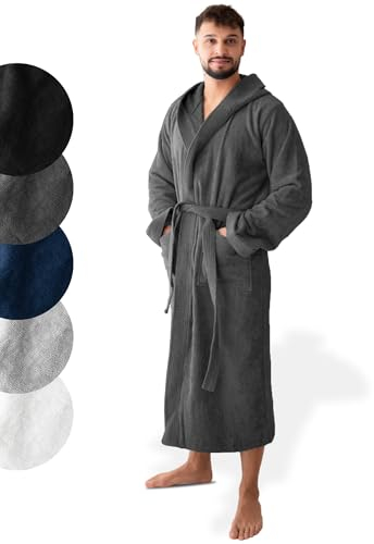 SIEGENTHAL® Herren Bademantel Frottee Velours 100% Baumwolle - Kapuzenbademantel, weich, saugfähig, warm, lang, Luxus, Premium, Wellness, Spa, hochwertige Verarbeitung, Dunkelgrau XL XXL