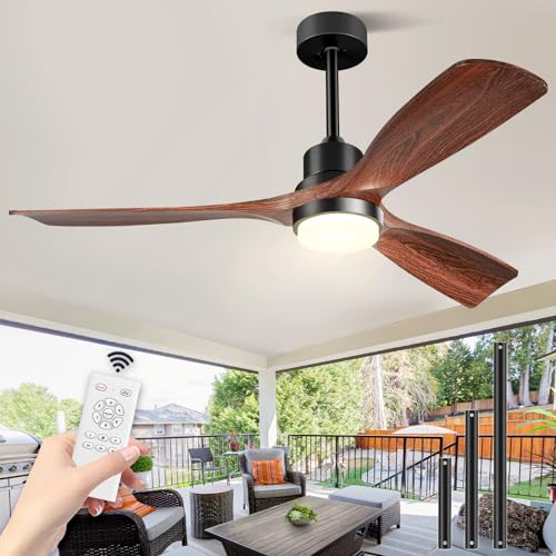 Forrovenco Ventilateur de plafond avec lumière et télécommande, 132 cm, moteur DC réversible silencieux, 3 pales bois, 3 tiges, design moderne pour intérieur extérieur patio ferme