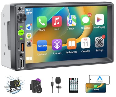 Autoradio 2 DIN Compatibile con Carplay e Android Auto, Autoradio Bluetooth da 7 pollici Touchscreen,Supporta Bluetooth vivavoce/Mirror Link/FM/Telecamera Posteriore/USB/AUX/EQ/MIC
