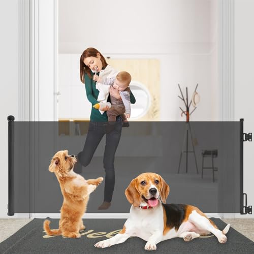 Rainberg Retractable Stair Gate for Baby & Pet with Secure 2-Step Lock 180cm Wide & 80cm Tall, One Hand Operated Baby Gate, Child Safety Gate for Doorways Stairs, Hallways, Kitchen (Black)