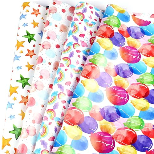 4 fogli di carta da regalo, carta da regalo per bambini, compleanno, per ragazze, ragazzi e donne, set di rotoli per Natale, decorazioni regalo (70 x 50 cm)