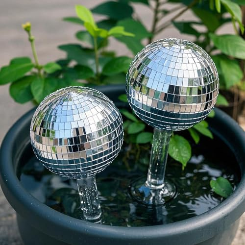 Lot de 2 globes d'arrosage de plantes avec boule disco, ampoules auto-arrosantes, insert de pot à arrosage automatique, piquets d'arrosage, globes d'arrosage automatique pour plantes d'intérieur et