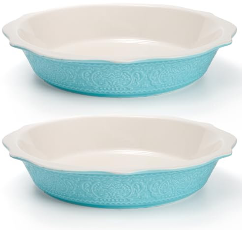 SOUJOY 2 Pack Ceramic Pie Pan for Baking, Deep Baking Dish, 9 Inch Non-Stick Fluted Pie Plate with Soft Wave Edge, Round Quiche Dish for Tart, Pizza, Apple Pie, Pot Pies, Cake, Turquoise