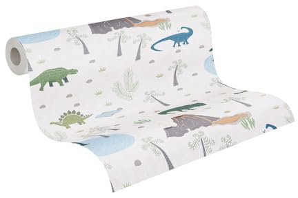 A.S. Création Papel pintado para habitaciones infantiles Lilly & Luis papel pintado no tejido con diseño de dinosaurios, 10,05 m x 0,53 m, azul, multicolor, verde, fabricado en Alemania, 771401