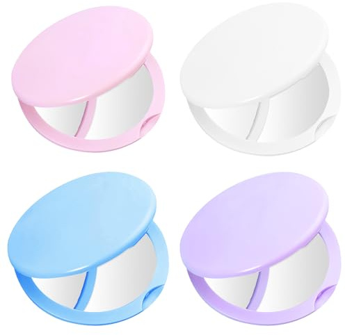 4 specchietti tascabili, specchietti da viaggio in tonalità pastello azzurro, viola chiaro, bianco, rosa, specchio da trucco piccolo, specchio tascabile pieghevole su entrambi i lati, per uso