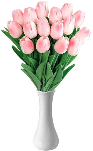 ZPPLD 15pcs Tulipes Artificielles,Tulipes Artificielles avec Vase, Fleurs Artificielles en Latex Au Toucher RéAliste, Bouquets De Mariage pour DéCoration De Mariage, Maison, Jardin (Pink-15)
