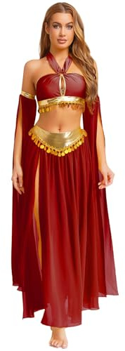 Zaldita Womens Belly Dance Costume Set Halter Crop Top Chiffon Skirt with Removable Sleeves Carnival Outfit Burgundy Small