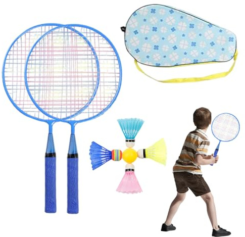 Raquette de badminton pour enfants - Raquette de rechange et volants de plumes - Équipement de sport confortable en plein air pour la famille, les enfants, les amis