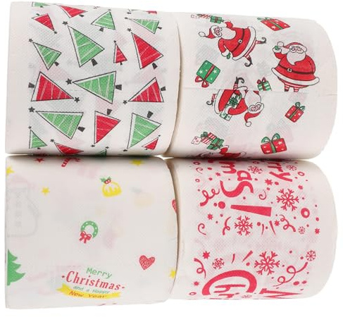 COLLBATH 4 Rotoli Igienica Natalizia con Stampa Tema Natale Decorativa Spessa e Resistente per Bagno Tovaglioli Facciali Divertenti con e Fiocchi di Originale per Feste e Calze della Befana