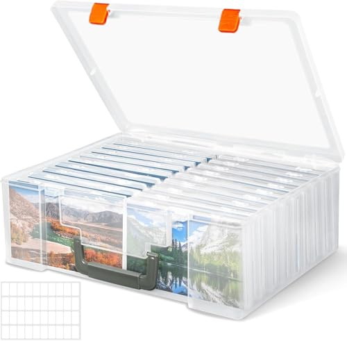 ZPQAODI Scatola Portafoto, 18 Porta Foto Interne 17 x 10 cm, Trasparente, Foglio di Etichette Adesive, Organizer per Foto in Plastica per Semi, Cartoline, Artigianato, Adesivi