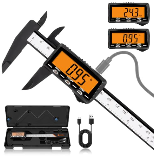 HARDELL Pie de Rey Digital Recargable 150 mm, Calibre Digital USB-C, Pantalla LCD NARANJA SIN RETROILUMINACIÓN, Precisión 0,01 mm, Conversión mm/pulgada, Herramienta de Medición para Bricolaje