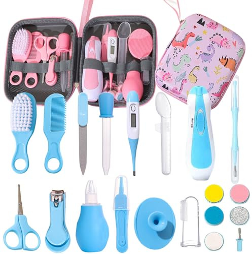 Liemuao - Astuccio per la cura del bambino, compatto e portatile, kit completo di 16 accessori, tra cui termometri, tagliaunghie, spazzole, astuccio da toilette per bambini per i viaggi e la casa del
