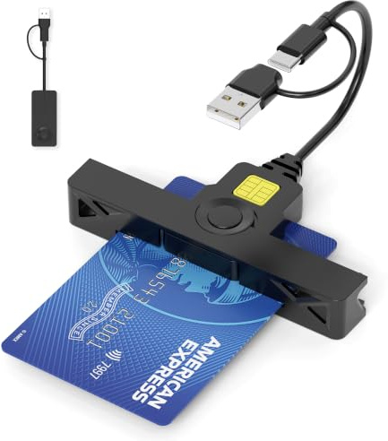 2-i-1 hopfällbar smart kortläsare – DOD Military CAC vanlig åtkomst kompatibel, dubbel USB-A och USB-C, för Windows/Mac/Linux, svart